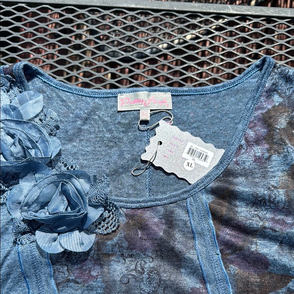 Pretty Angel Blue Floral Scoop Neck Embellished Tunic - Picture 5 of 10